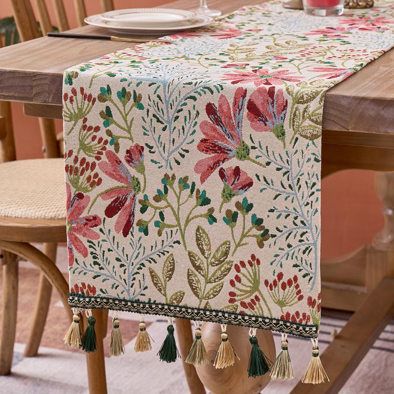Colorful Flower Jacquard Table Runner with Tassel Kitchen Dining Table Decoration Embroidered Table Runner for Home Party Decor