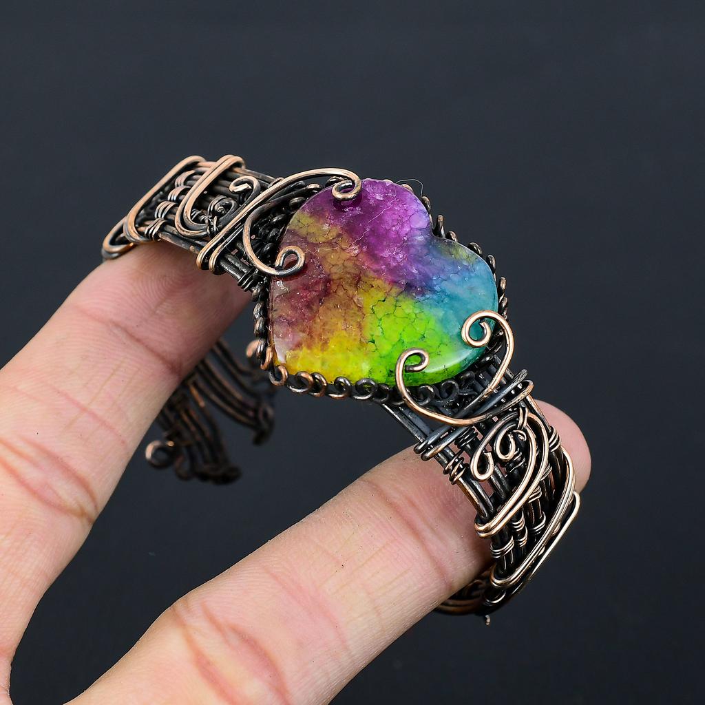Natural Rainbow Solar Quartz Gemstone Copper Wire Wrap Bangle Adjustable z1E54