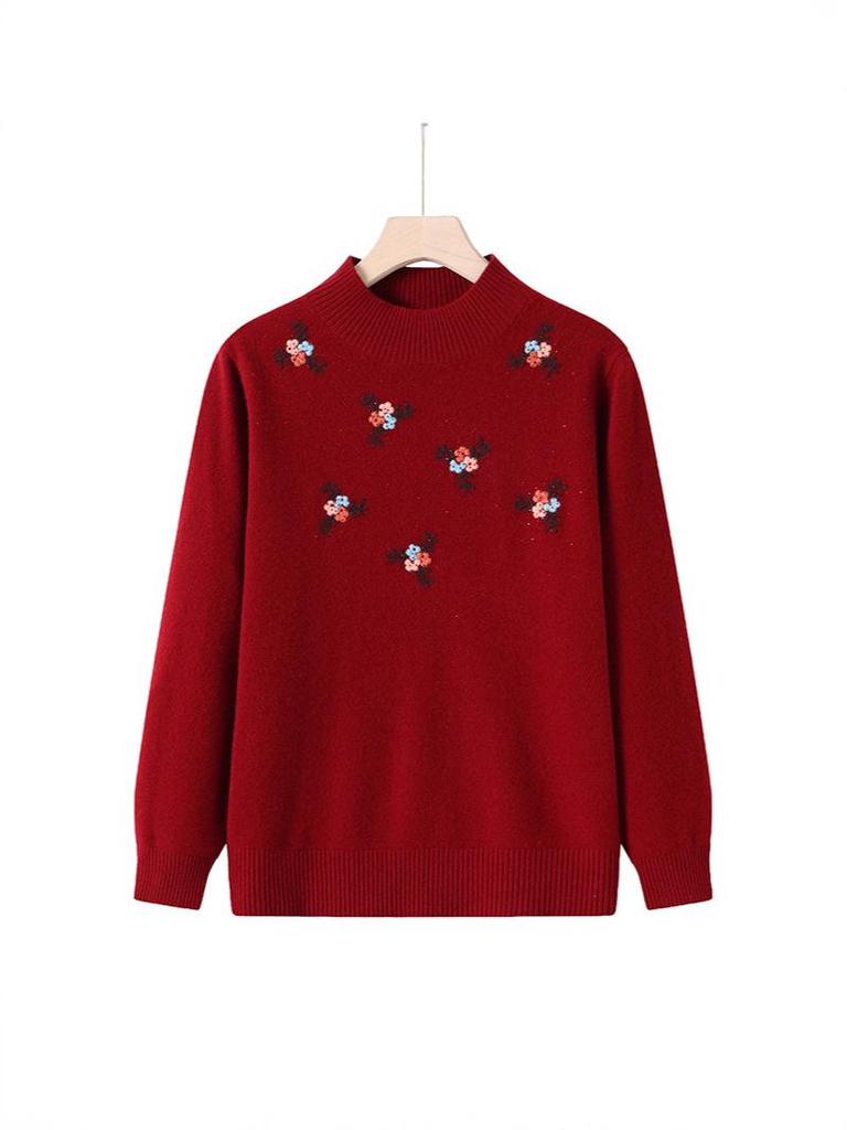 Embroidered High-Neck Pure Wool Sweater for Autumn/Winter - Elegant Base Layer for Middle-Aged & Elderly