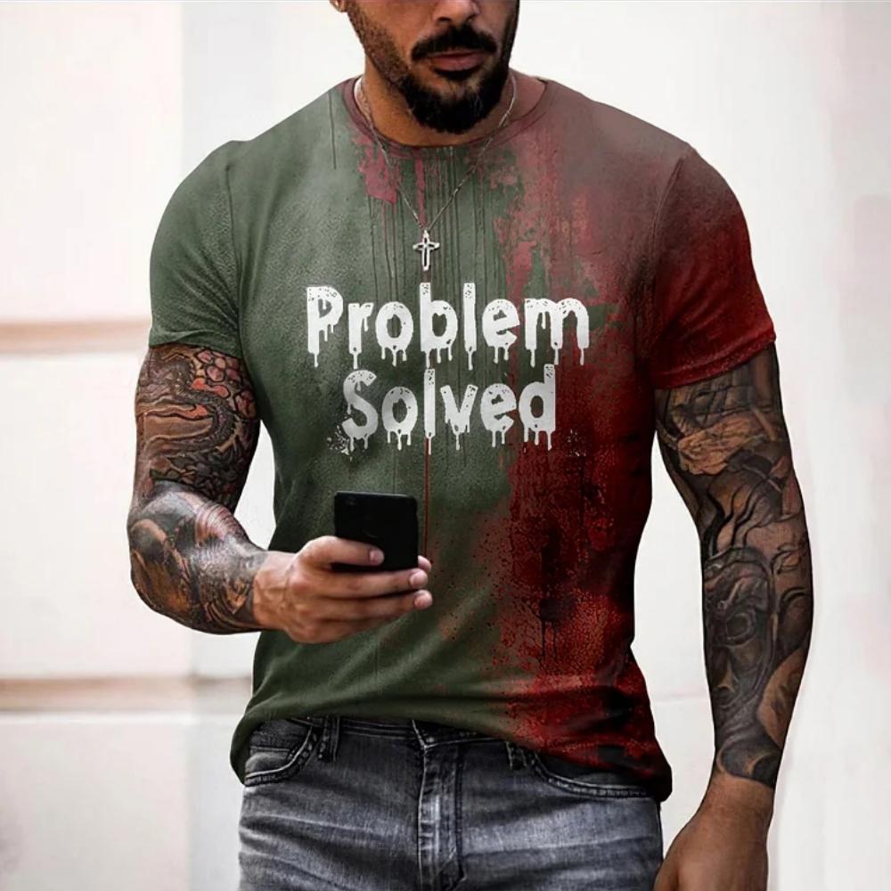Men's T-Shirts Problem Solved Bloody 3D Print Halloween Short Sleeve T Shirt O-Neck Oversized Tees Harajuku Tops Unisex Clothing