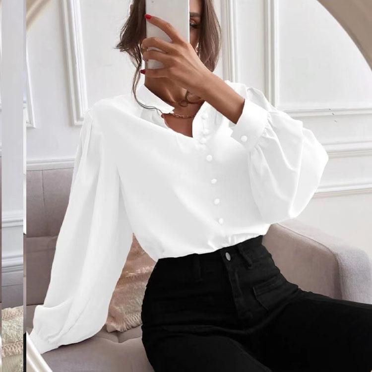 2025 Elegant Solid Color Lapel Long Sleeve Loose Women s Top M белый