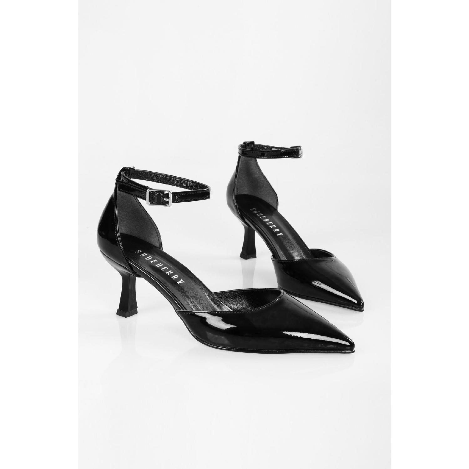 

Women s Milos Black Patent Leather Belted Heeled Shoes Stiletto 36