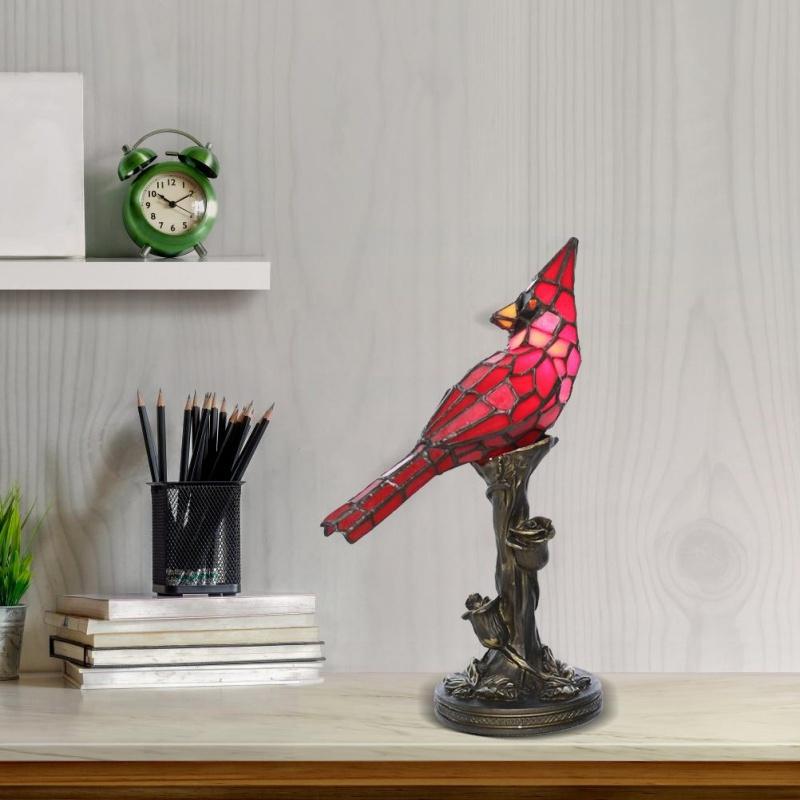 Crystal Table Lamp Cardinal Red Bird Stained Glass Night Light Halloween Decoration Lamps for Bedroom Living Room Decor