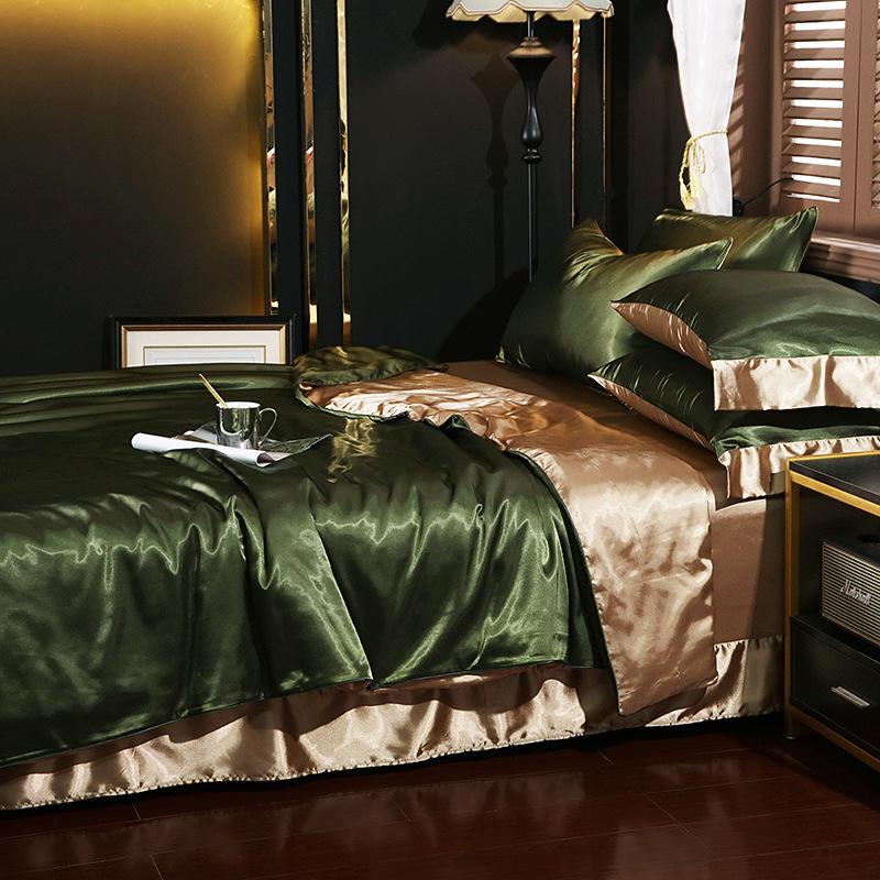 European Solid Color Mulberry Silk Bedding Sets Ice Silk Satin Cooling Bedclothes High Quality Skin-Friendly Smooth Duvet Kit