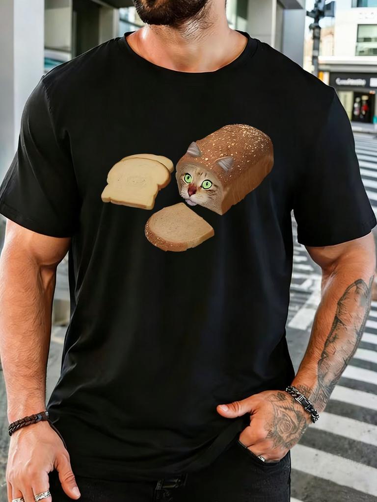 Unisex Funny Bread Cat Meme Graphic Cotton Short Sleeve Tee Crew Neck Relax Fit Male Summer Soft Breathable Casual Street Daily Top