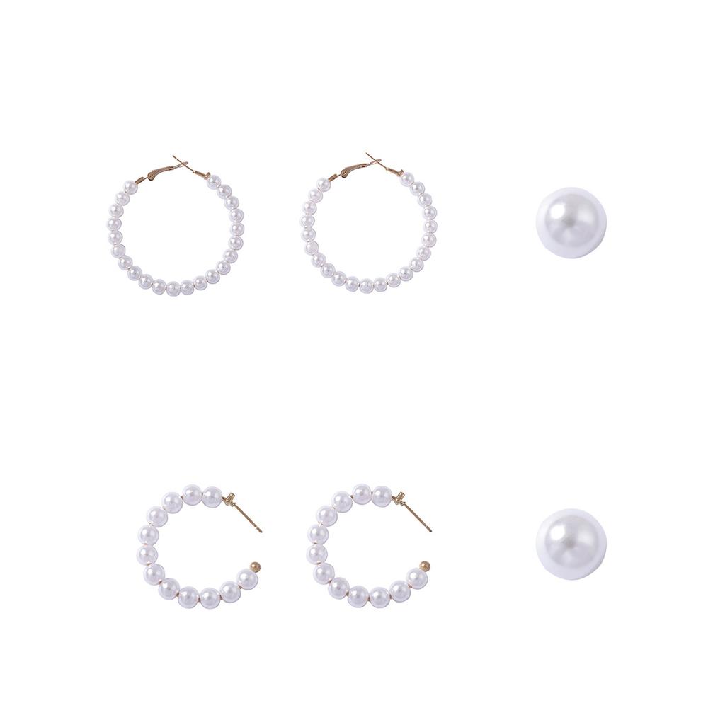 Simple Baroque Fashion Personality Geometric Three-piece Imitation Pearl Earrings Set Versatile Daily Commuter Women