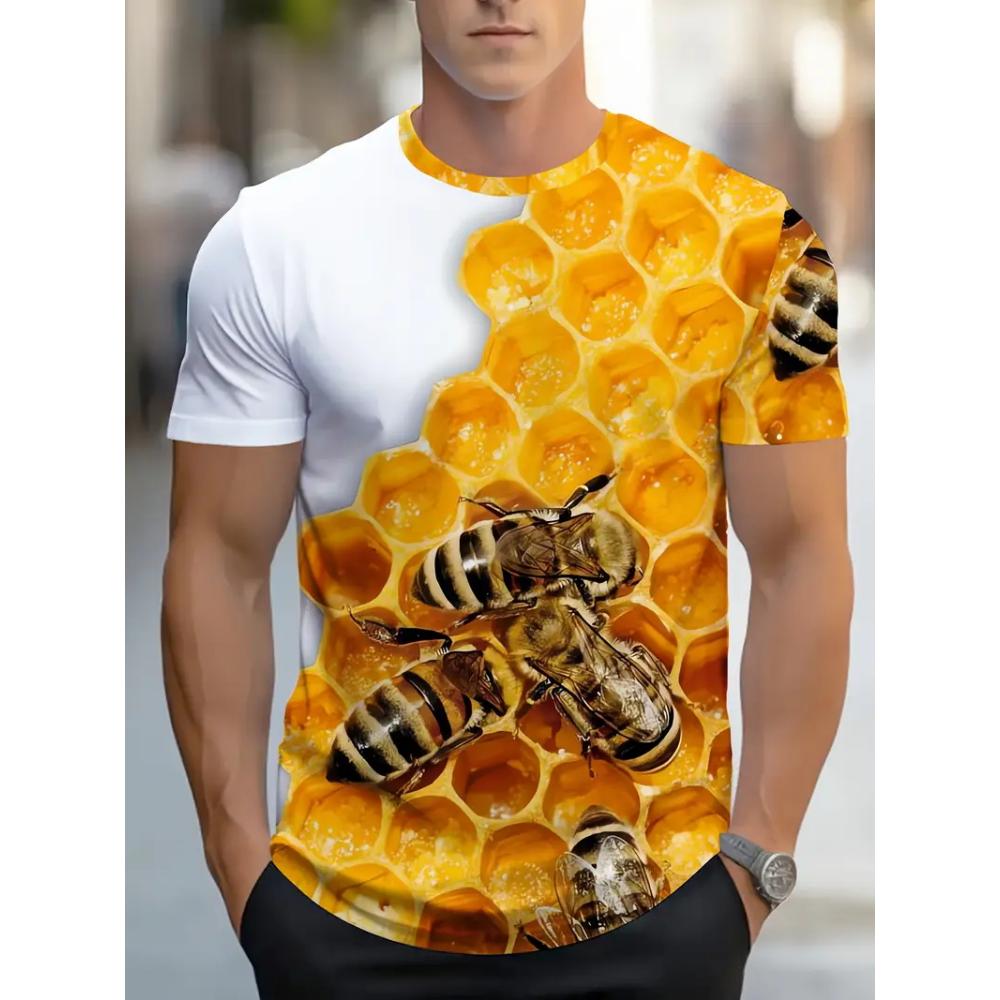 Men's Casual Honeycomb Bee Print T-Shirt Casual Round Neck Short Sleeve Tshirts Clothes New In Funny Bee Graphic T Shirts Tops