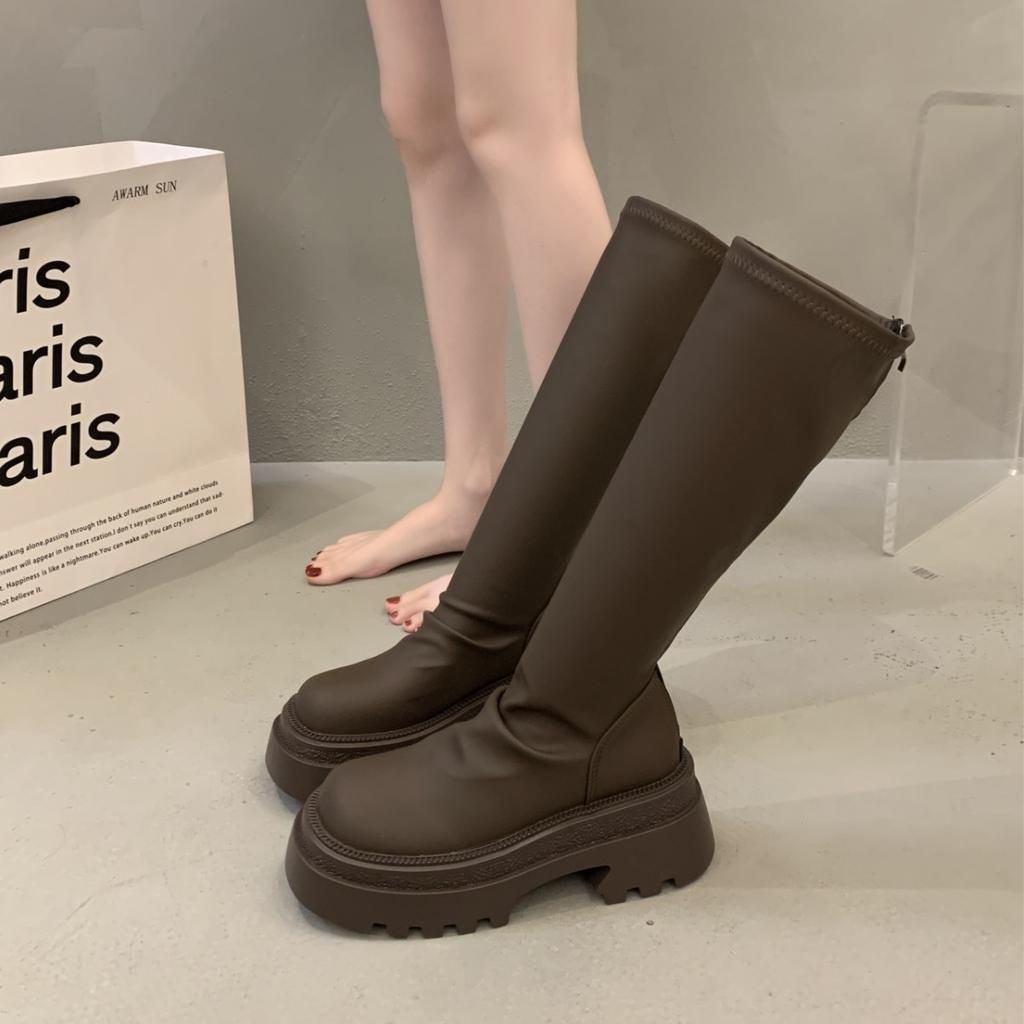 Spice Girl Boots Women's Leather Muffin Thick Bottom Elastic Skinny Boots Small Man Grows Tall Skinny Knight Boots Women's Tide