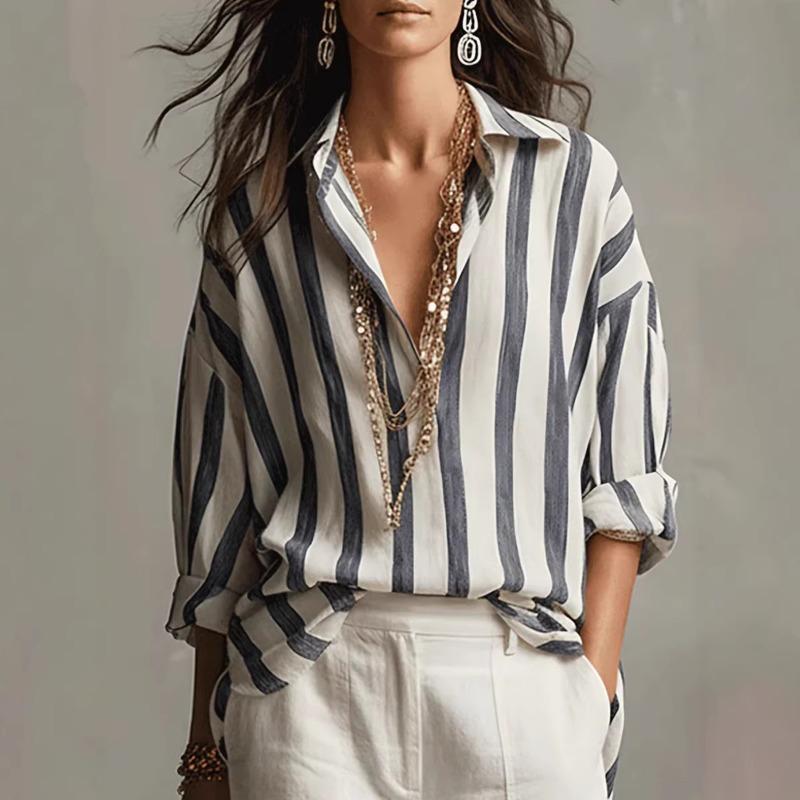 Women's Spring and Summer New Women's Striped Lapel Loose Fashionable Pullover Blouse Tops