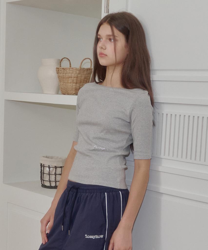 LOSSYROW Lossy Beaded Half Sleeve Boatneck Gray