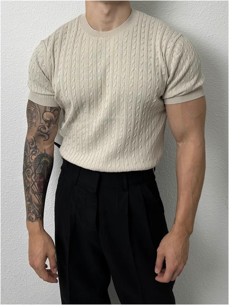 Men's Loose Fit Summer Cable Knit Crew Neck Short Sleeve T-shirt