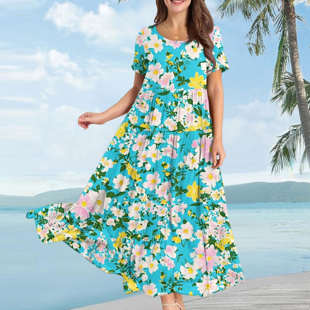 Women's Casual Loose Bohemian Floral Print Short Sleeve Dress