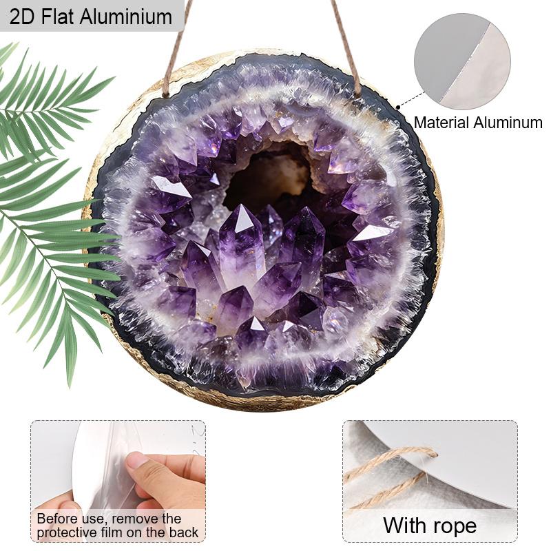 2D Flat 1pc Amethyst Aluminum Hanging Plaque, Round Gold Edge Crystal Pattern Sign, Living Room Decor, Yoga Room Home Decor, Lightweight Boho Decor