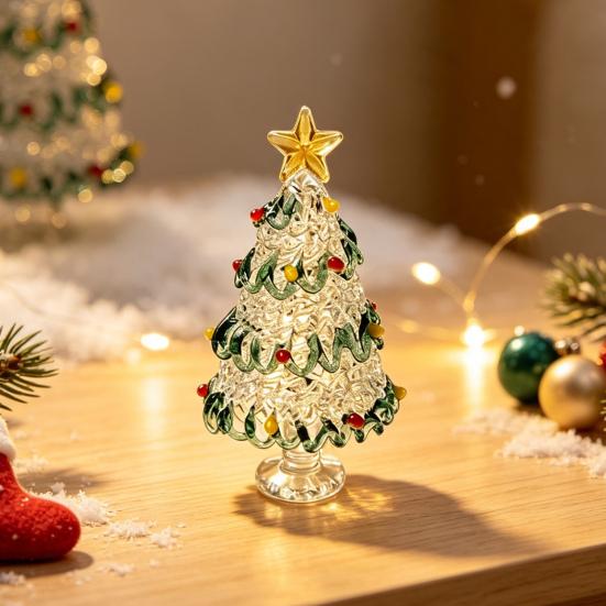 Miniature Christmas Tree Ornaments Glazed Figurine, Glass Pulled Wire Desk Decor, Unique Gifts for Friends Mini Holiday Tabletop Ornament Car
