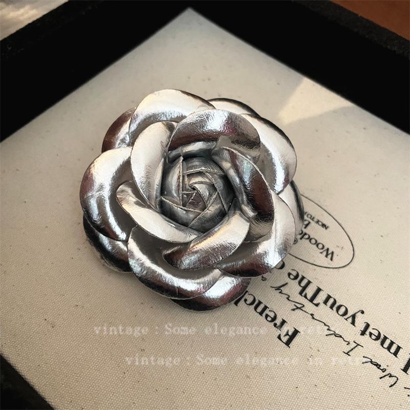 2024 Elegant Camellia Leather Brooch - French Style Floral Pin for Clothing