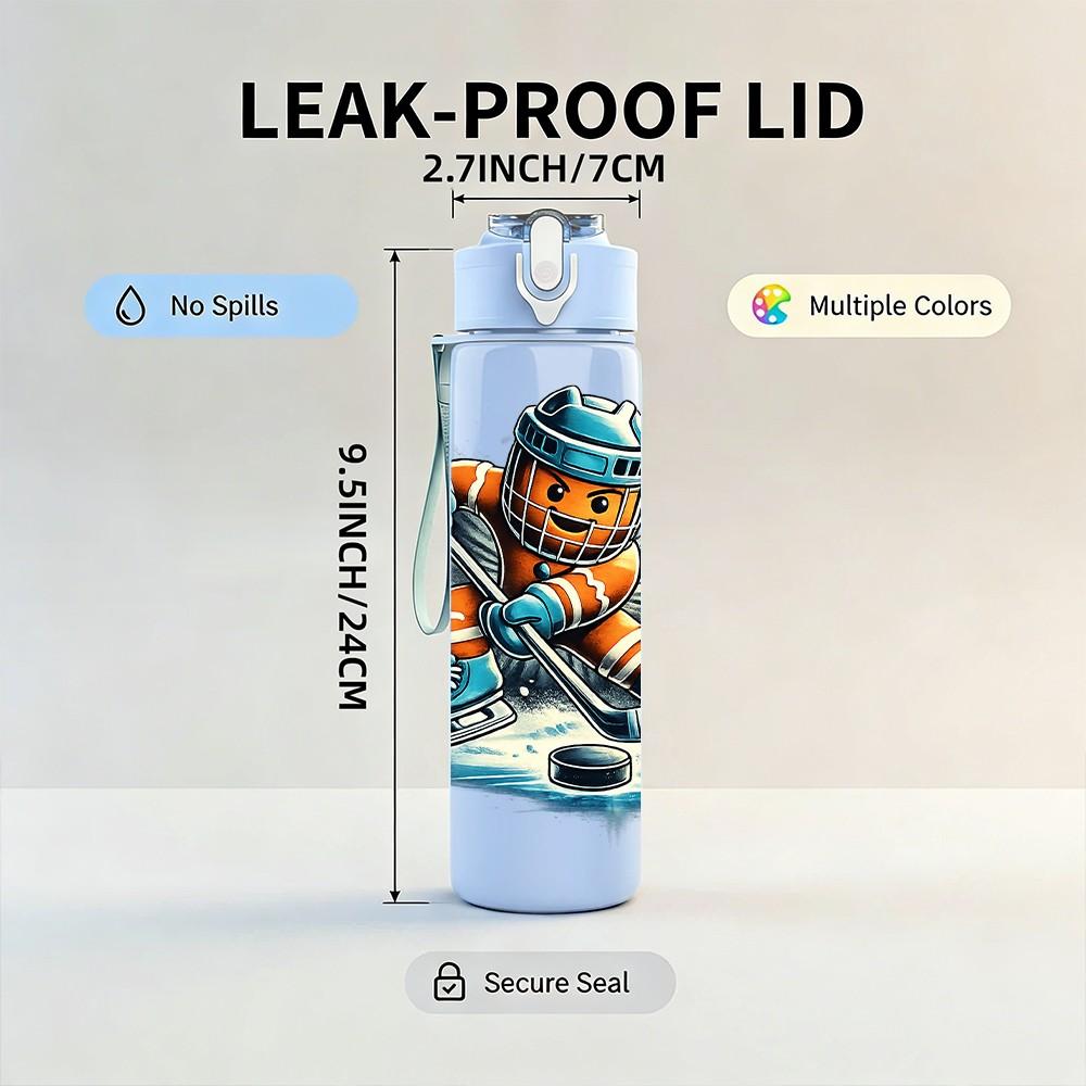 1PC Ice Hockey Player Sport Cartoon 750ml Color Plastic Sports Water Bottle Leakproof Flip Straw Lid Suitable for Sports Office Home Use