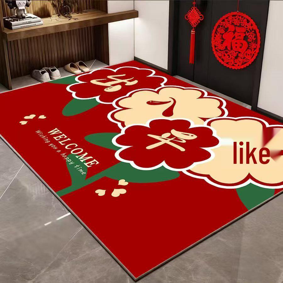 Festive Red Non-Slip New Year Entryway Mat - Chinese Style, Stain Resistant