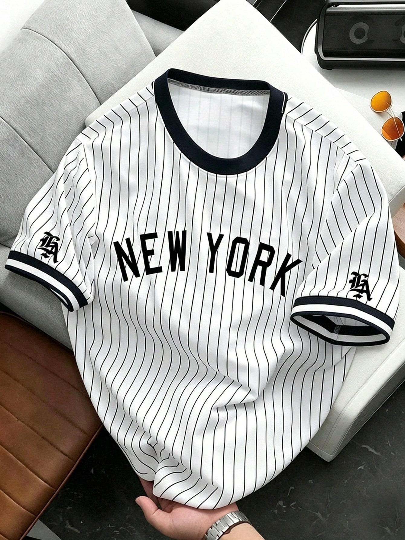 Men s Casual Striped T-shirt with Letter Pattern,Summer S