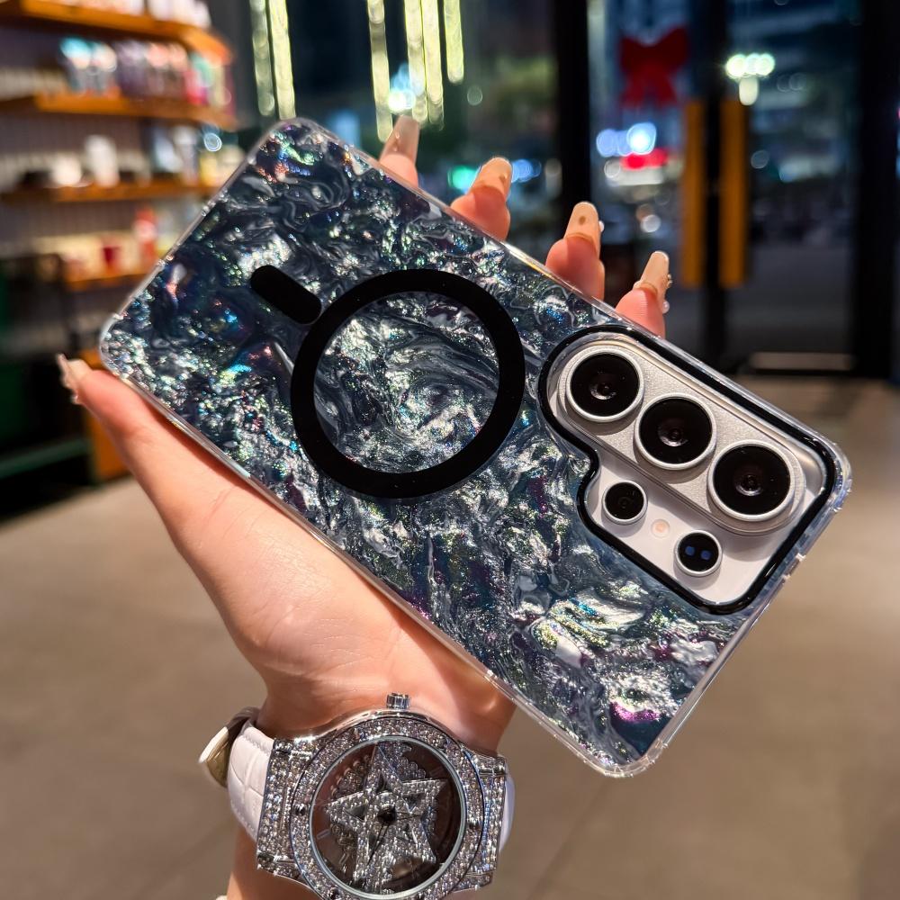 

Luxury Aurora Glossy Shell Pattern Case For Samsung S26 S25 S24 Ultra Plus FE For Magsafe Laser IMD Shockproof Protection Cover Galaxy S24 чорний