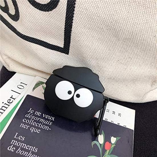Case Compatible with AirPods 1/2, Super Cute Creative Funny Big Eyes Black Dust Elf Shape Case, Stylish Dust Ball Silicone Earphone Protection Skin
