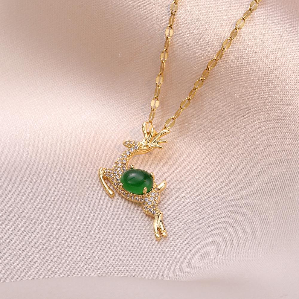 Emerald Little Deer Necklace - Cute Christmas Pendant Clavicle Chain for Women, Inspired by Douyin's Fashion Internet Celebrity Style.