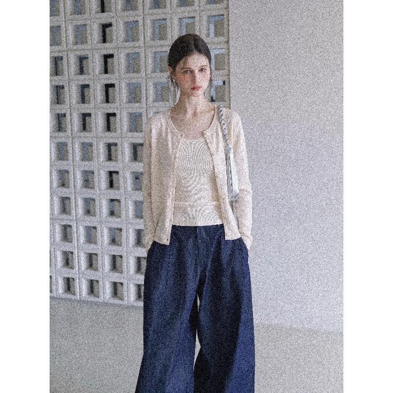 French temperament crew neck knitted cardigan women's summer new casual versatile long-sleeved thin top