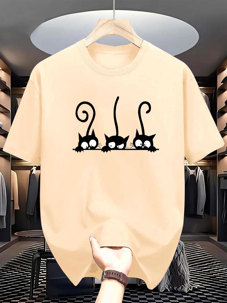 Sommer Modisch Lässig Sportlich Locker Herren T-Shirt Persönlichkeit Katzenmuster Gedruckt Rundhals Kurzärmliges Oberteil