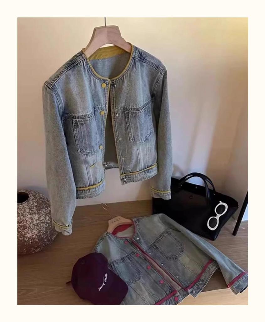 Damen Retro Koreanische Colorblock Denimjacke - 2025 Frühjahr/Herbst Kollektion, Lässige Lockere Passform, Kurze Länge