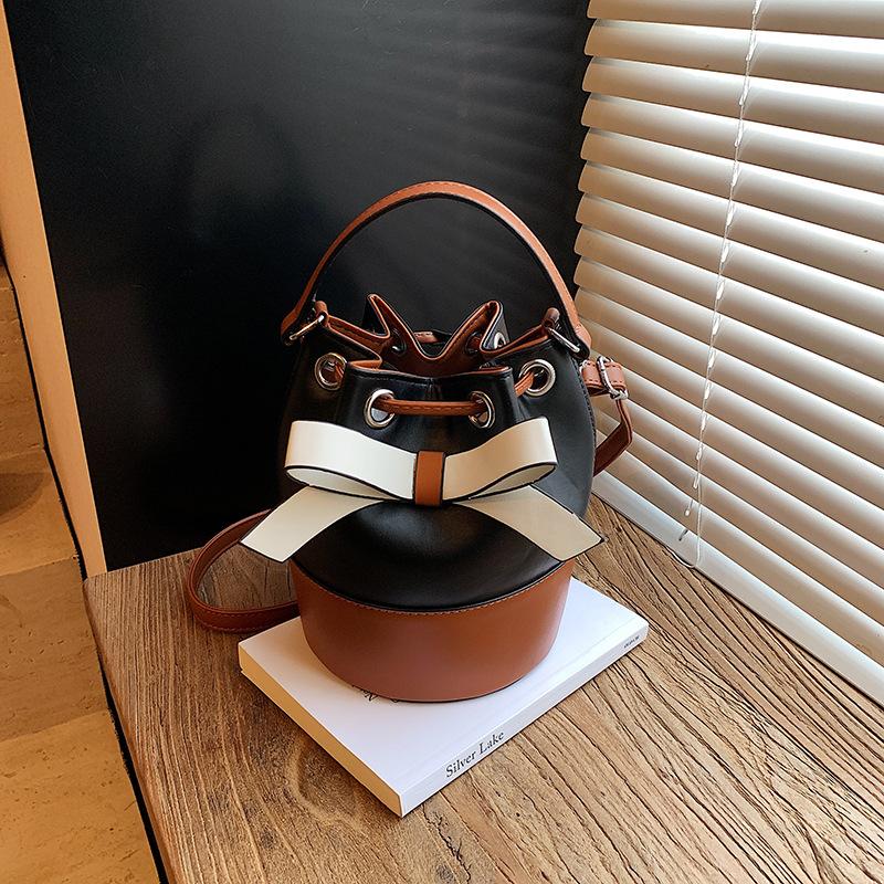 Bow portable small bag women's summer new trendy fashion contrasting color bucket bag shoulder messenger bag