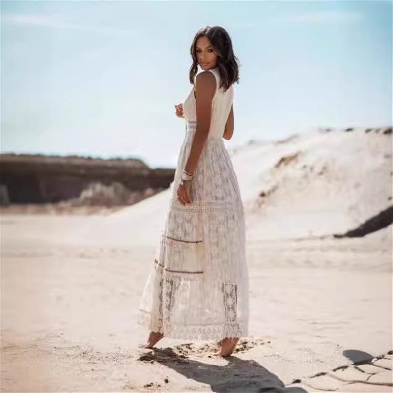 Summer Temperament Bohemian Long Skirt Ladies V-neck Sleeveless Waist Lace Stitching Big Swing Dress