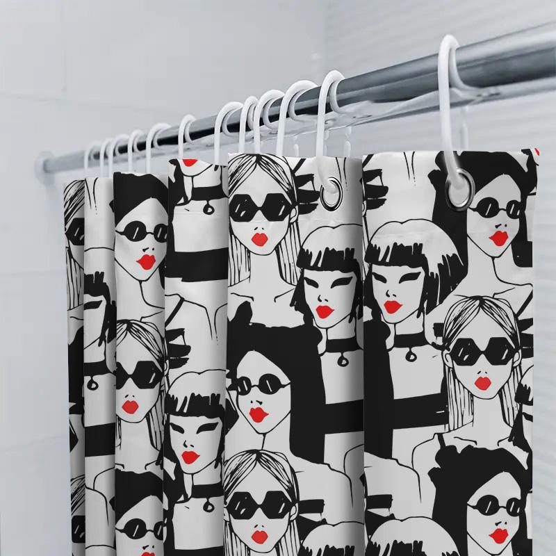 Stylish Black White Women Fashion Pattern Shower Curtain For Bathroom Decor Unisex Waterproof Fabric Bath Mats With Hooks Set Be
