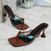 Fashion Luxury Designer Turquoise Stone Clip Toe Sandals for Women Summer 2025 Big Sqaure Toe Mules Shoes Woman High Kitten Heels Slides