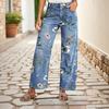 Fashion Ladies Printed Denim Spring and Autumn Straight Wide Leg Pants Casual Jeans