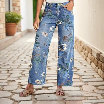 Mode Dames Geprint Denim Lente en Herfst Rechte Wijde Pijpen Broek Casual Jeans