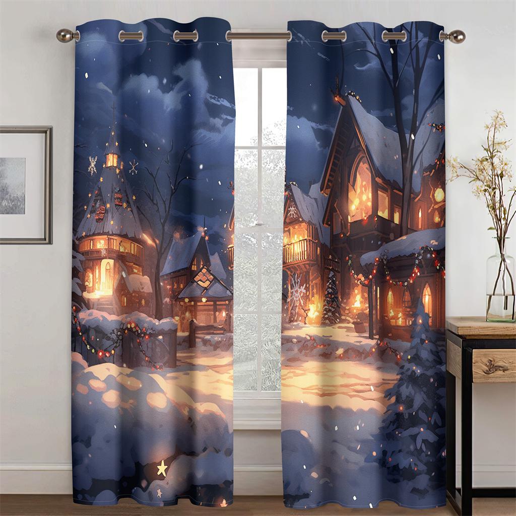 Cartoon Forest Christmas Cottage Curtains Fine Christmas Tree Fit Children's Room Living Room Bedroom Kitchen 2 Pcs