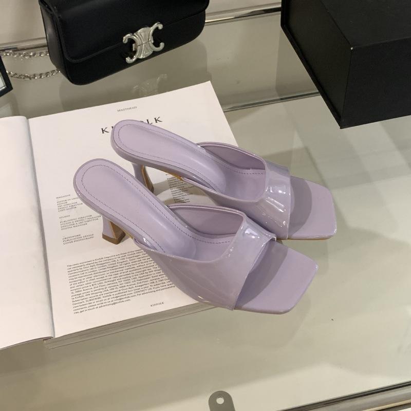 2025 spring and autumn new fashion patent leather high-heeled cool slippers thin-heeled square-headed open-toed one-word slippers