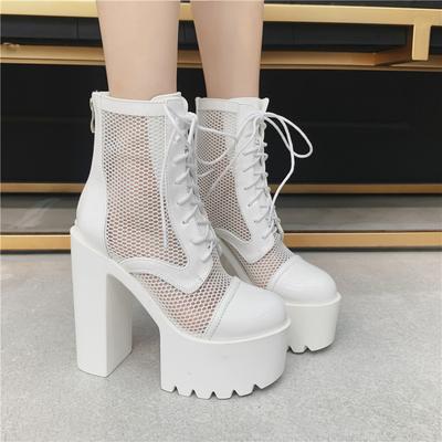 Autumn Fashion Pumps Sexy Women's Short Boots Waterproof Mesh Lace Up Ankle Boots High Heels Zipper Nightclub Dancing Shoes