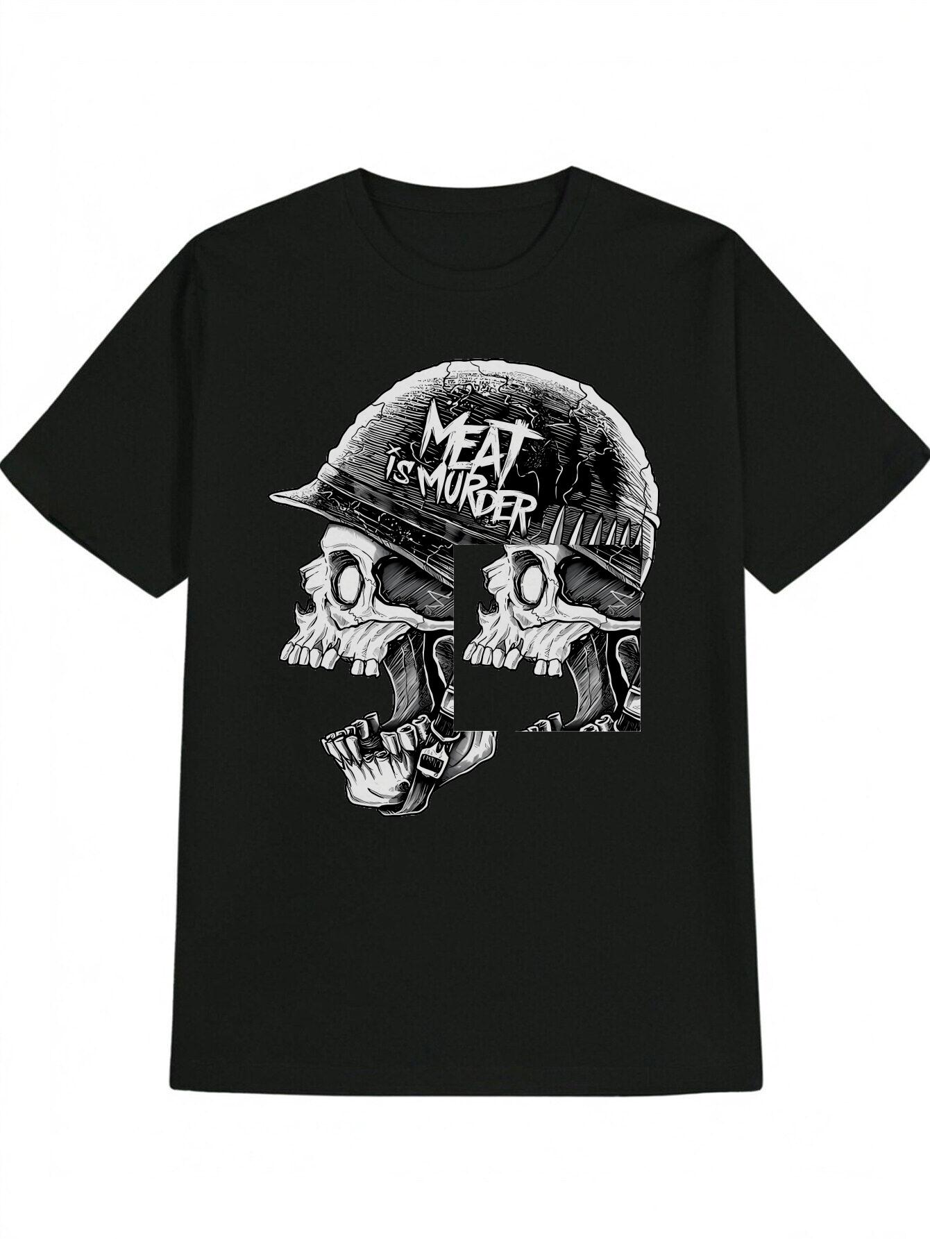 Casual Skull Helmet Graphic T-shirt - Black Military-Inspired Tee with MEAT IS MURDER Print XXXXL