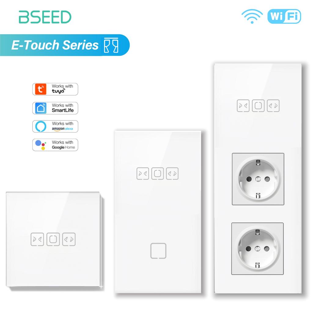 BSEED Tuya WIFI Curtain Switch Smart Touch Curtain Switches Glass Frame Tuya APP Switch EU Wall Sockets with USB-C for Villa Ho
