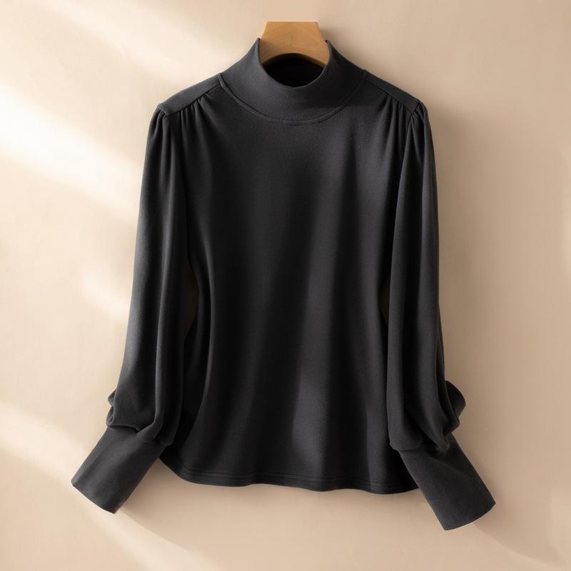 Camisa de Otoño e Invierno para Mujer con Cuello Medio Alto, Volantes en los Hombros y Bajo, Top Ajustado de Manga Larga