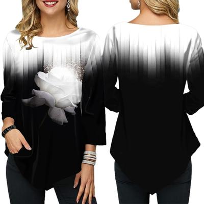 Women Autumn Gradual Floral Print O Neck Long Sleeve Asymmetric T-Shirt Blouse
