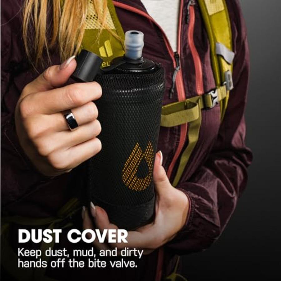 Hydrk PackFlask 500ml/750ml Harness Mounted Water Bottle for Hiking Backpacking - Ultra-Light Collapsible Softflask in Black wi