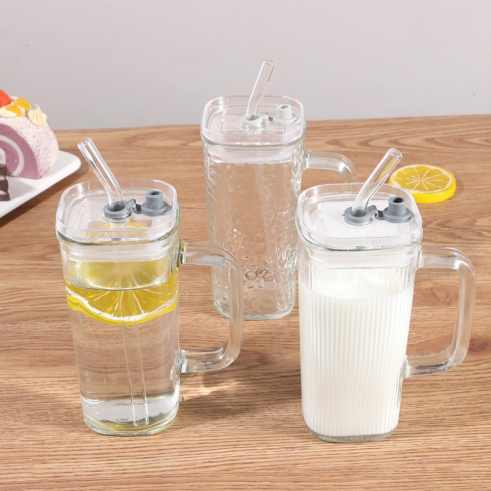 With Lid and Straw Coffee Cup Heat Resistant Juice Glass Ins Transparent Glass Cup  Home Bar