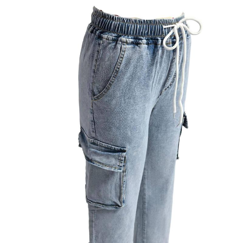 2026 Frühling/Sommer Neuer Trend Elastischer Bund Kordelzug Cargohosen Lässige Weitbeinige Jeans für Damen
