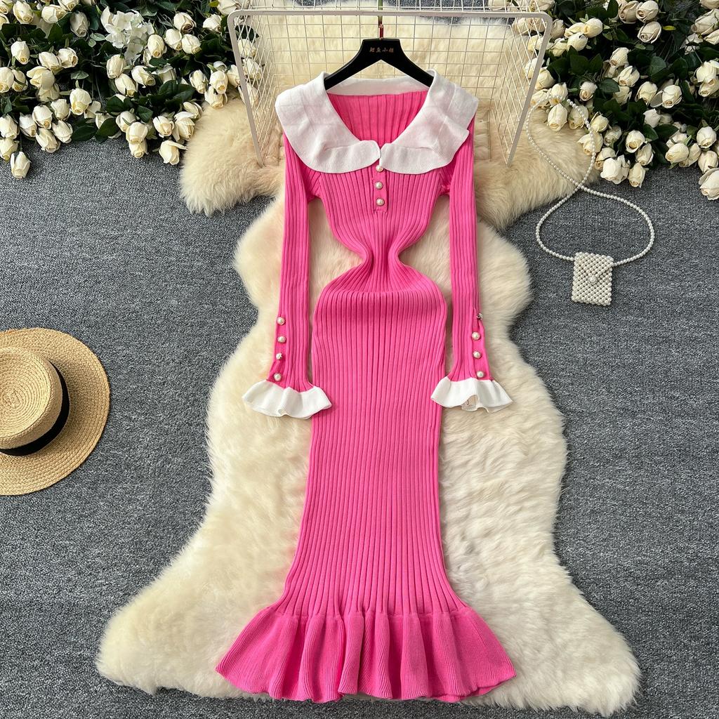 Spring Autumn Women Sweet Peter Pan Collar Knitted Sweater Long Midi Slim Mermaid Dresses