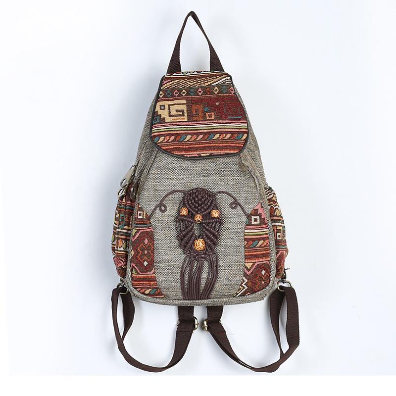 1Pc Handmade Backpack Women's Vintage Canvas Backpacks National Style Geometrical Printed Bag Female Simple Travel Backpack