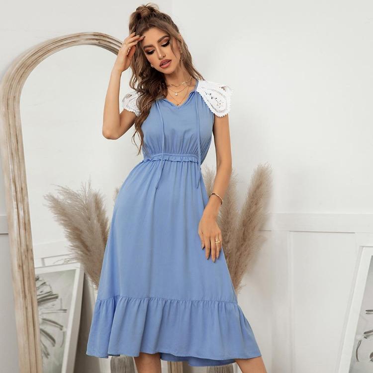 Women Casual Long Dress Spring Summer Solid A-line V-Neck Short Sleeve High Waist Ruffles Slim Lace Patchwork Sizes S-XL