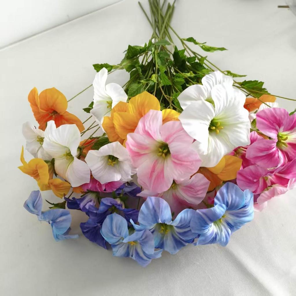 Artificial Multicolor Morning Glory Flower Bouquet Realistic Faux Petunia Blooms with Green Leaves Fake Wildflower Bundle for Vase Home Table Wedding