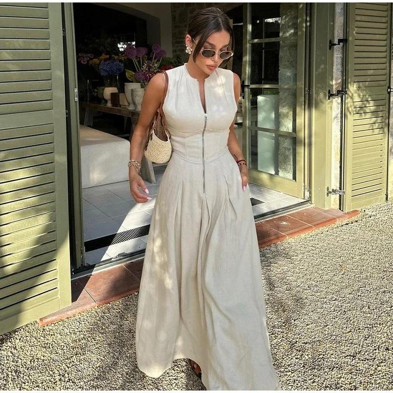 Abito lungo da donna con pieghe senza maniche, con cerniera, elegante abito da festa per donna