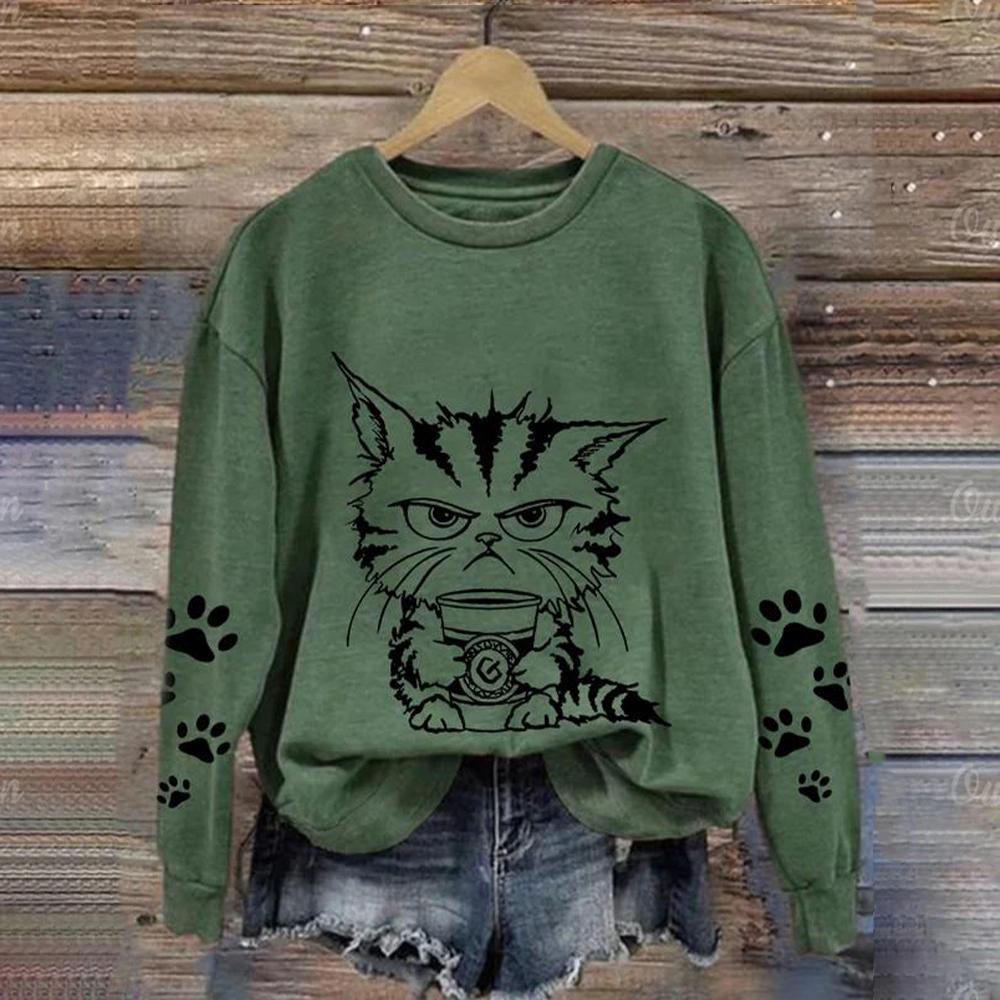 

Модні жіночі повсякденні світшоти з довгими рукавами з круглим вирізом і милим котом Одяг з принтом котів Пуловери з тваринами Одяг для дівчат у стилі каваї 2XL